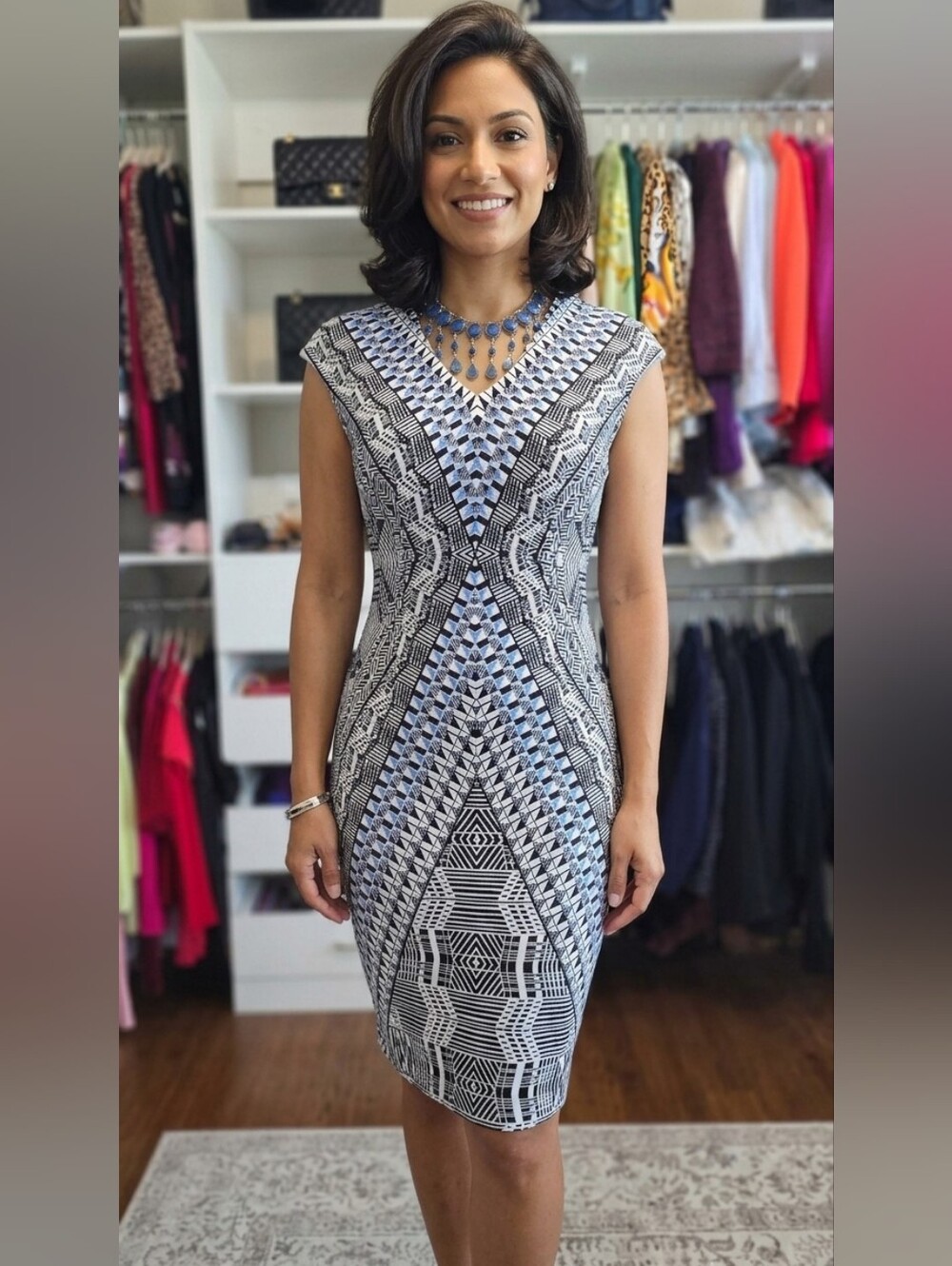 White House Black Market Geometric Cap-Sleeve Dress X- small Petite